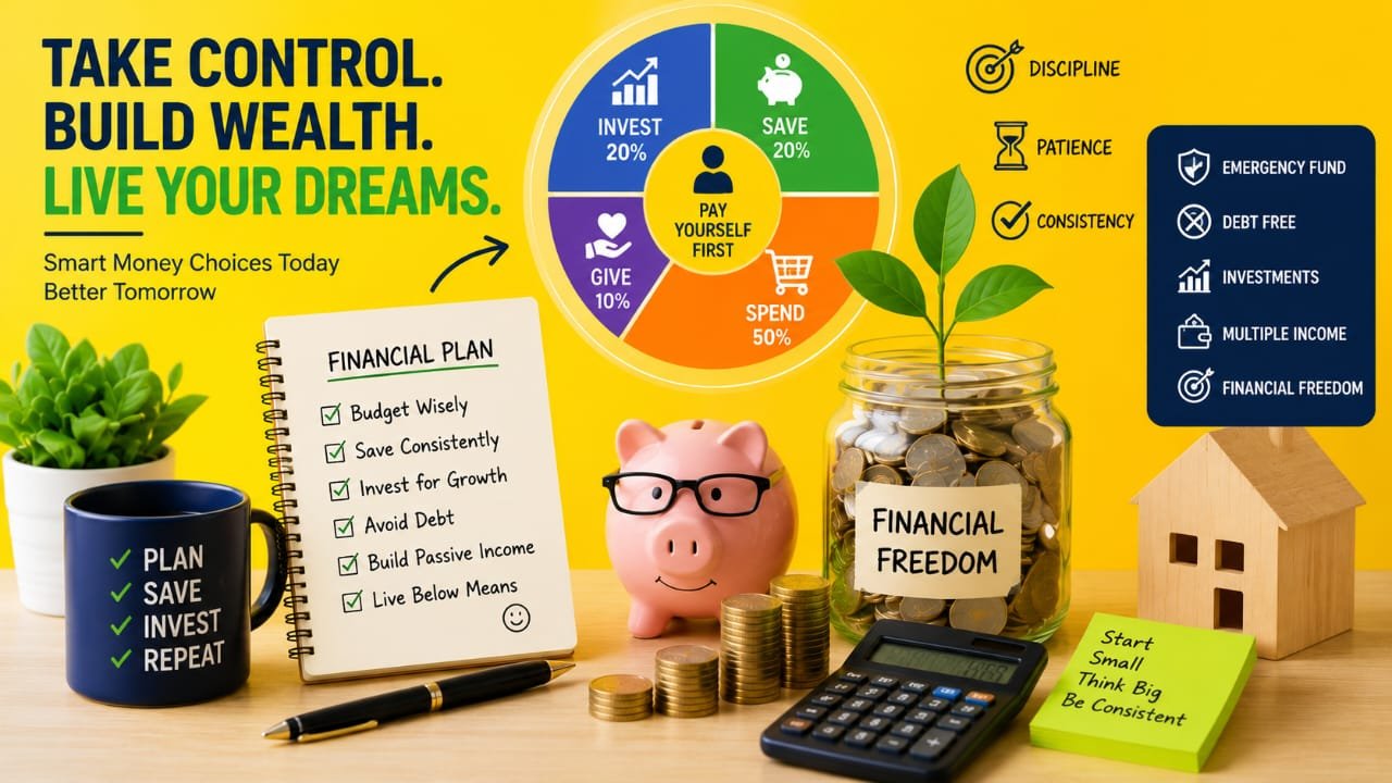 Home Page illustrated via Automated savings system with budget planner, investment growth, coins, phone and financial progress.